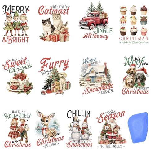 Image of ZMRU 24 Sheets Vintage Christmas Rub On Transfers for Crafts, Rub On Transfers Christmas for Wood,Furniture Decals, Glass, Porcelain, Leather, Canvas, Fabric Projects,3 * 3inch(Vintage Christmas)