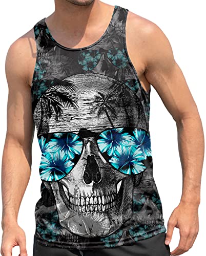 Image of RAISEVERN Mens Tank Tops Skull 3D Printed Vest Graphic Running Funny Palm Hibiscus Summer Gym Workout Cool Undershirt, XXL