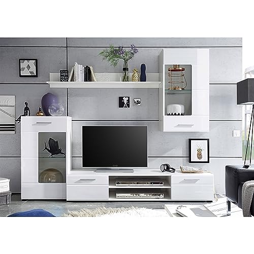 SHOT Wohnwand Komplett-Set in Weiß Hochglanz - Moderne Schrankwand mit viel Stauraum für Ihr Wohnzimmer - 230 x 190 x 40 cm (B/H/T)