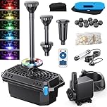 Biling Pond Filter with UV Clarifier and LED Lights, 2500 L/H Fountain Pump, RGB Remote Control Lights, 3 Nozzles, Black, Electric, for 4000L Garden Pond Care Water Features Stream Waterfall Treatment