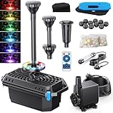 Biling Pond Filter with UV Clarifier and LED Lights, 2500 L/H Fountain Pump, RGB Remote Control Lights, 3 Nozzles, Black, Electric, for 4000L Garden Pond Care Water Features Stream Waterfall Treatment