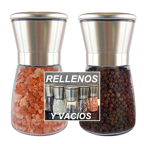 Molinillo de Pimienta, Empresa Nacional, Molinillo Especias 160ML x2, Molino Pimienta, Pimentero Salero Especias, Grano Ajustable, Núcleo Cerámico, Inox y Cristal, Rellenos y Vacíos.