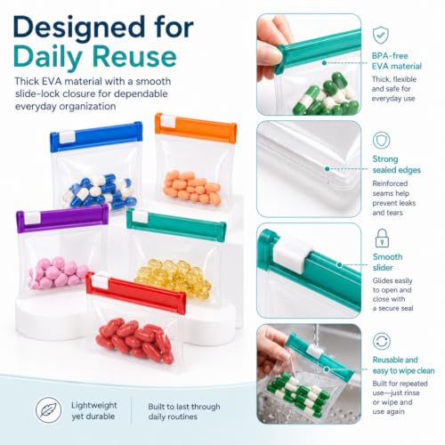 Image of Self Sealing Zipper Medicine Bags, Waterproof Pill Pouch Organizer with Slide Lock, Reusable Pill Pouches for Travel, Double-Track Airtight Sea, for Daily Use Medicine Qtips Small Items (14Pcs)