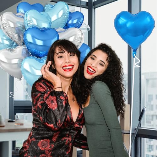Image of Silver Heart Balloons,18inch Bright Blue Heart Shaped Foil Balloons & Blue Helium Mylar Balloon for Anniversary Wedding Engagement Birthday Party Baby Shower Decorations(12Pcs)