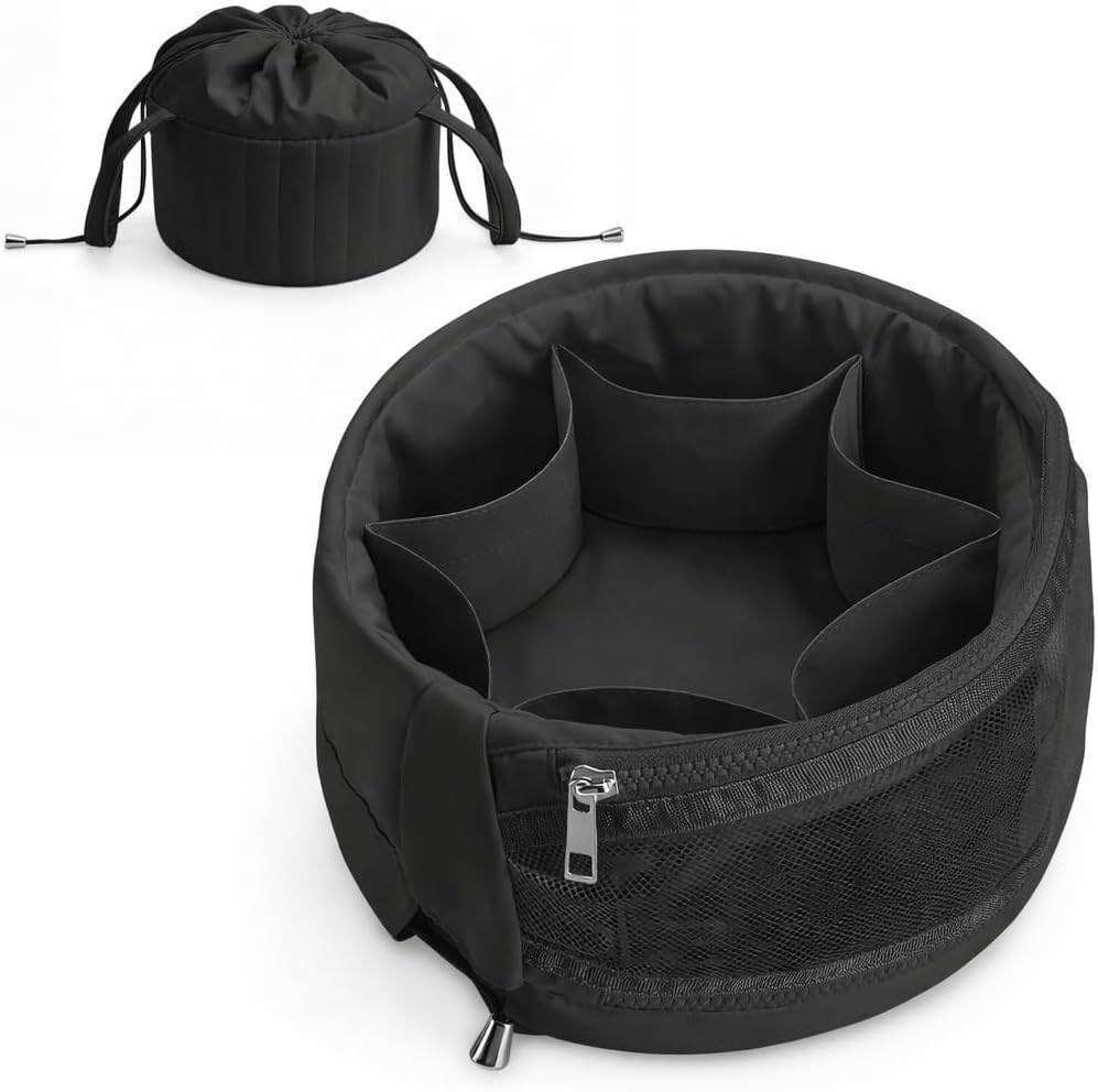 Vavabox Barrel Drawstring Makeup Bag Organizer - Large Travel Toiletry Bag with Zipper Compartments, Luxury Quilted Cosmetic Case for Women | Portable Vanity for Vacation, Work, Gift (Black)