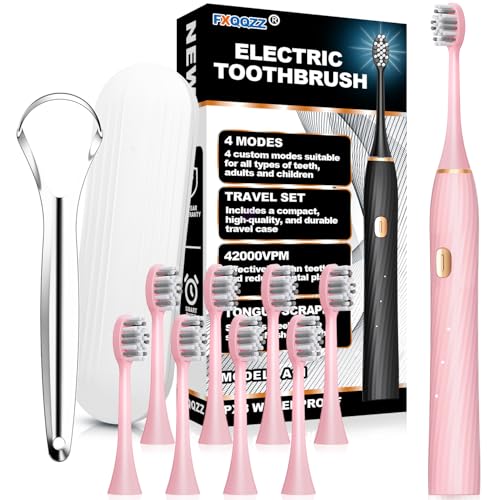 FXQQZZ Electric Toothbrush for Adults and Kids, with Tongue Scraper and Travel Case, 8 Brush Head, Smart Timer & 4 Modes Rechargeable Toothbrush, 42000 VPM Deep Clean, One Charge Last 90 Days - Rose