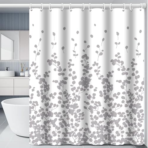 IGINOA Duschvorhang 180x200 Weiß Antischimmel Badevorhang Shower Curtains Wasserdicht Blumen mit ösen Grau Motiv Schimmelresistent Badewanne Vorhang Pflanzen Waschbar Muster Duschvorhänge
