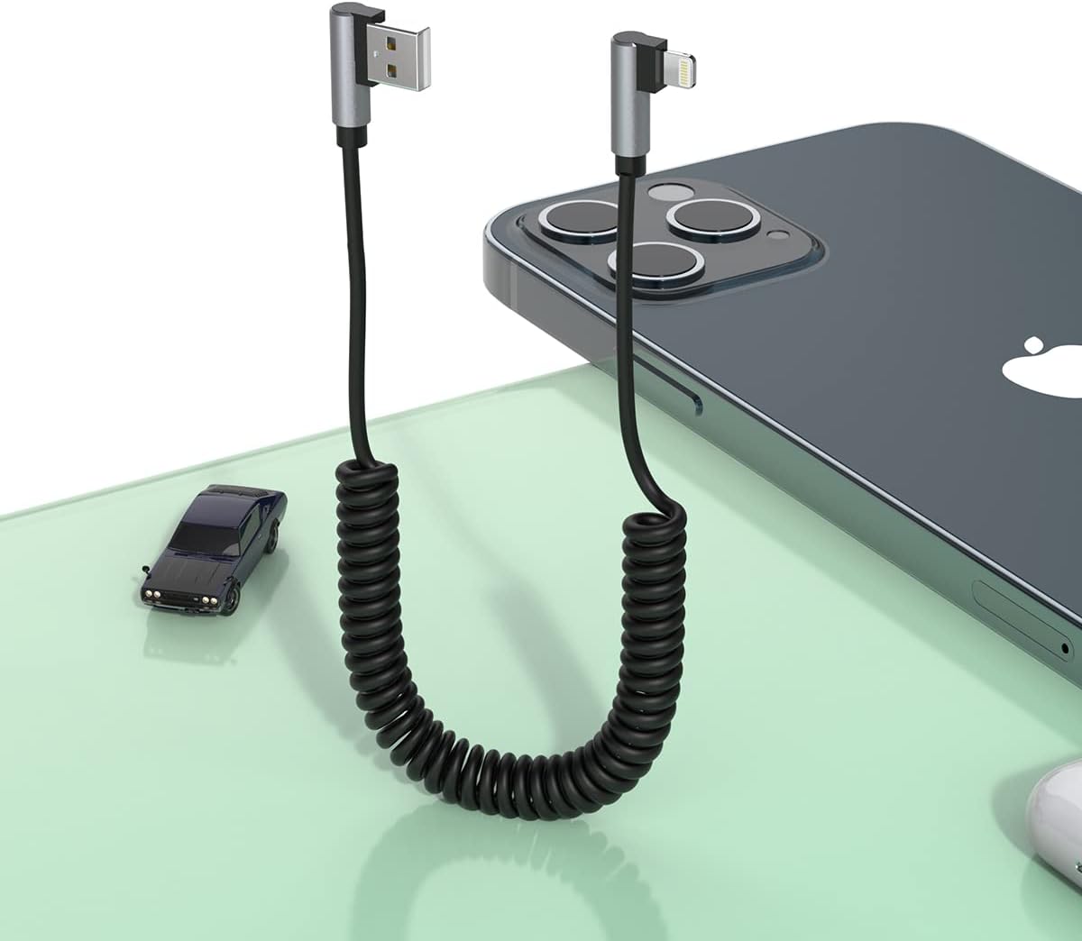 Right Angle 1.8M/6Ft iPhone 90 Degree USB Coiled Lightning Charging Cable for CarPlay,Apple Fast Charging+Sync Data Spring Retractable Charger Cord Adapter for iOS/iPhone 13/12/11/SE/Xs/Xr/8/7/6/iPad