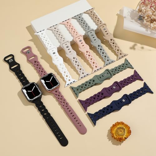 Image of Slim Silicone Bands Compatible with Apple Watch Band 40mm 38mm 41mm 44mm 45mm 42mm Women Floral Breathable Braided Lace Thin Sport Strap Replacement Wristbands for iWatch SE Series 9 8 7 6 5 4 3 2 1