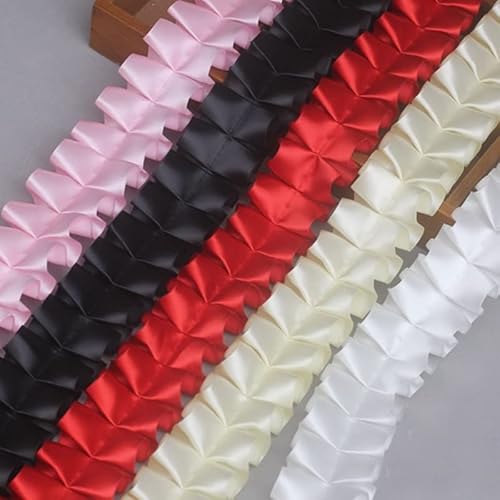 10Yard 5Cm Red Pink White Black Satin Lace 3D Pleated Lace Trim Ruffle Lace Fabric Skirt Garments Accessories (Color : Black, Size : 10Yards) #TOP2
