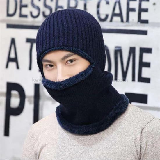 Image of Snow Proof Inside Fur Wool Unisex Monkey Beanie Cap Hat | Breathable Knit Thick Fleece Lined Foldable Use as Skull Woolen Winter Caps Hat Men & Women | Motorcycle Balaclava | Freesize