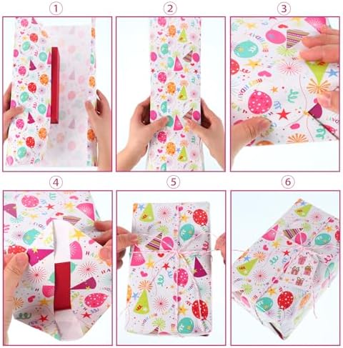 Wrapping Paper Roll, 3 Rolls 43X300cm Birthday Gift Wrapping Paper with Sticker,Tags, tape and Rope Colorful Happy Birthday Wrapping Paper for Birthday Party Gift Decorations