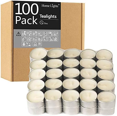 HomeLights Unscented White Tealight Candles -100 Pack, 6 to 7 Hour Burn Time Smokeless Tea Light Candles, Mini Votive Paraffin Candles with Cotton Wicks for Shabbat, Weddings, Christmas, Home Decor