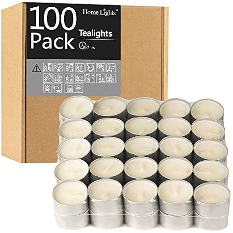 HomeLights Unscented White Tealight Candles -100 Pack, 6 to 7 Hour Burn Time Smokeless Tea Light Candles, Mini Votive Paraffin Candles with Cotton Wicks for Shabbat, Weddings, Christmas, Home Decor Cover