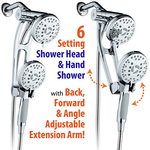 Aquaspa High Pressure 48-Mode Luxury 3-Way Combo With Adjustable Extension Arm – Dual Rain & Handheld Shower Head – Extra Long 6 Foot Stainless Steel Hose – All Chrome Finish – Top Us Brand #TOP4