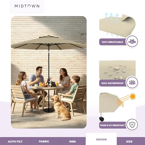 Image of Midtown Umbrellas - 10-Year-No-Fade 9 Ft Patio Umbrella with Terylast Fabric, Auto-Tilt Aluminum Frame and 8 Reinforced Ribs for Deck, Pool, Garden & Beach - Chestnut Beige Canopy, Black Pole