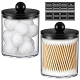 2 Pack Acrylic Qtip Holder Dispenser for Cotton Swabs, Balls, Pads, Floss - Plastic Canister Apothecary Jar Set, Bathroom Essentials Accessories Decor Vanity Makeup Storage Organizer - Clear & Black