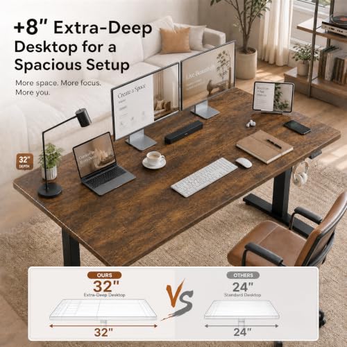 Image of Grandder 55x32 Extra-Deep Electric Standing Desk, Wide Desktop Fits 49 inch Ultrawide Monitor+Dual Screens, 176 lbs Capacity, 2 Memory Presets, Computer Desk for Home Office & Gaming, Rustic Brown