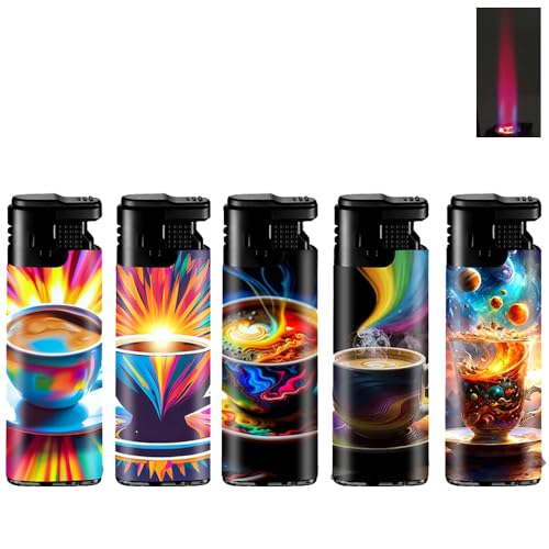 5X Sturmfeuerzeug Turboflamme Turbofeuerzeug Top Motive Turbo Flamme Feuerzeug mit Schutzkappe absolut windfest Gasfeuerzeug nachfüllbar (Space Coffee)