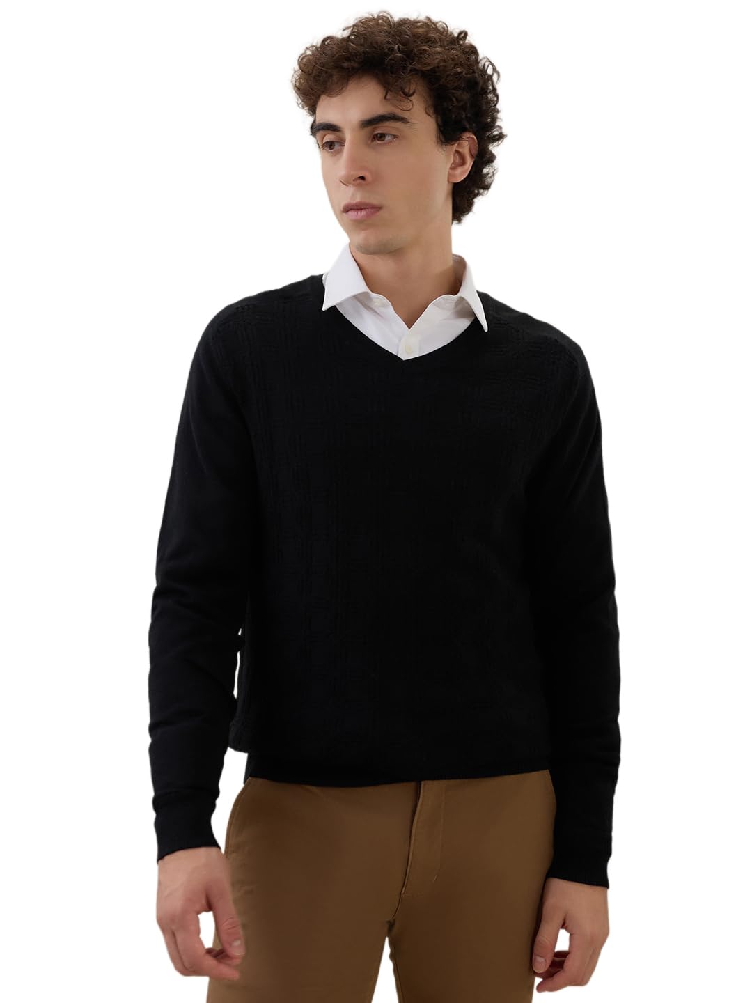 Men Regular Fit Structure Pattern Merino Wool Acrylic Blend Sleeveless V Neck Casual Winter Wear Black