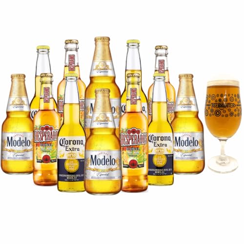 Beer Hunter Premium Mexican Lager Craft Beer Mixed Case with Beerhunter Glass (12 Pack) - Corona, Deseperados, Modelo, Pacifico