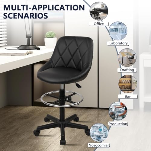 Image of KLASIKA Drafting Chair with Back, Leather Rolling Swivel Stool with Adjustable Height and Footrest, Ergonomic Tall Standing Desk Office Chairs with Wheels for Home Work Shop Kitchen Bar, 2PK