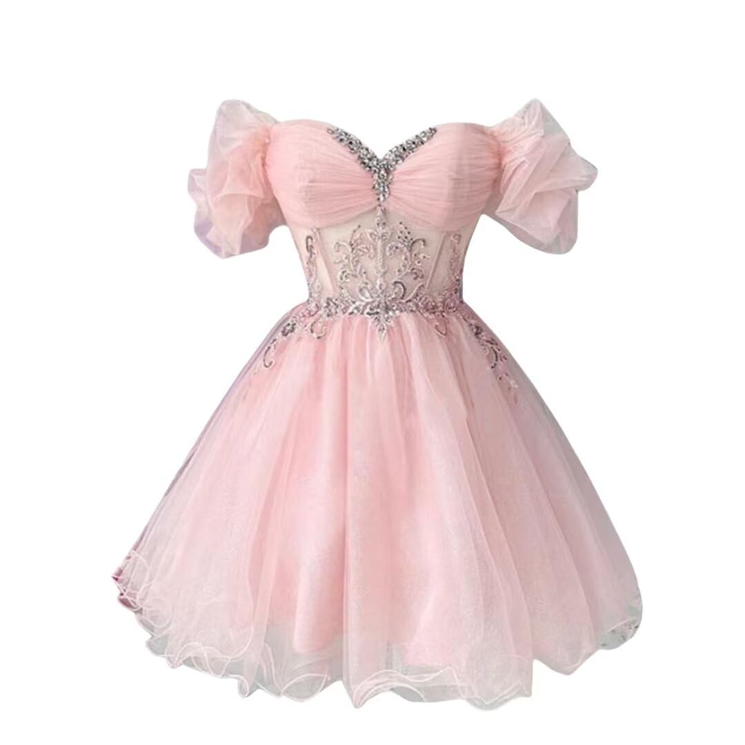 Youjiayi Off Shoulder Homecoming Dresses for Teens Sparkly Lace Tulle DAMA Dress for Quinceanera Beaded Short Prom Gown