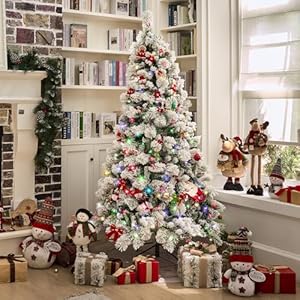 Flocked Christmas Tree Prelit 75ft Snow Flocked Pine Christmas Tree with 1450 PVC Hinged Branch 600 LED Lights Warm Multicolor for Home Office Party Metal Stand