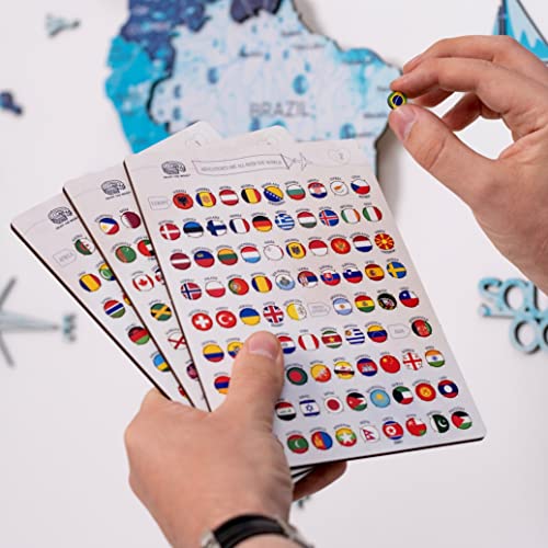 ENJOY THE WOOD 3D Wood World Map Wall Art Large Wood Wall Décor Housewarming Gift Idea Wood Wall Art World Travel Map For Home & Kitchen or Office (Pins, Sticker Flags)