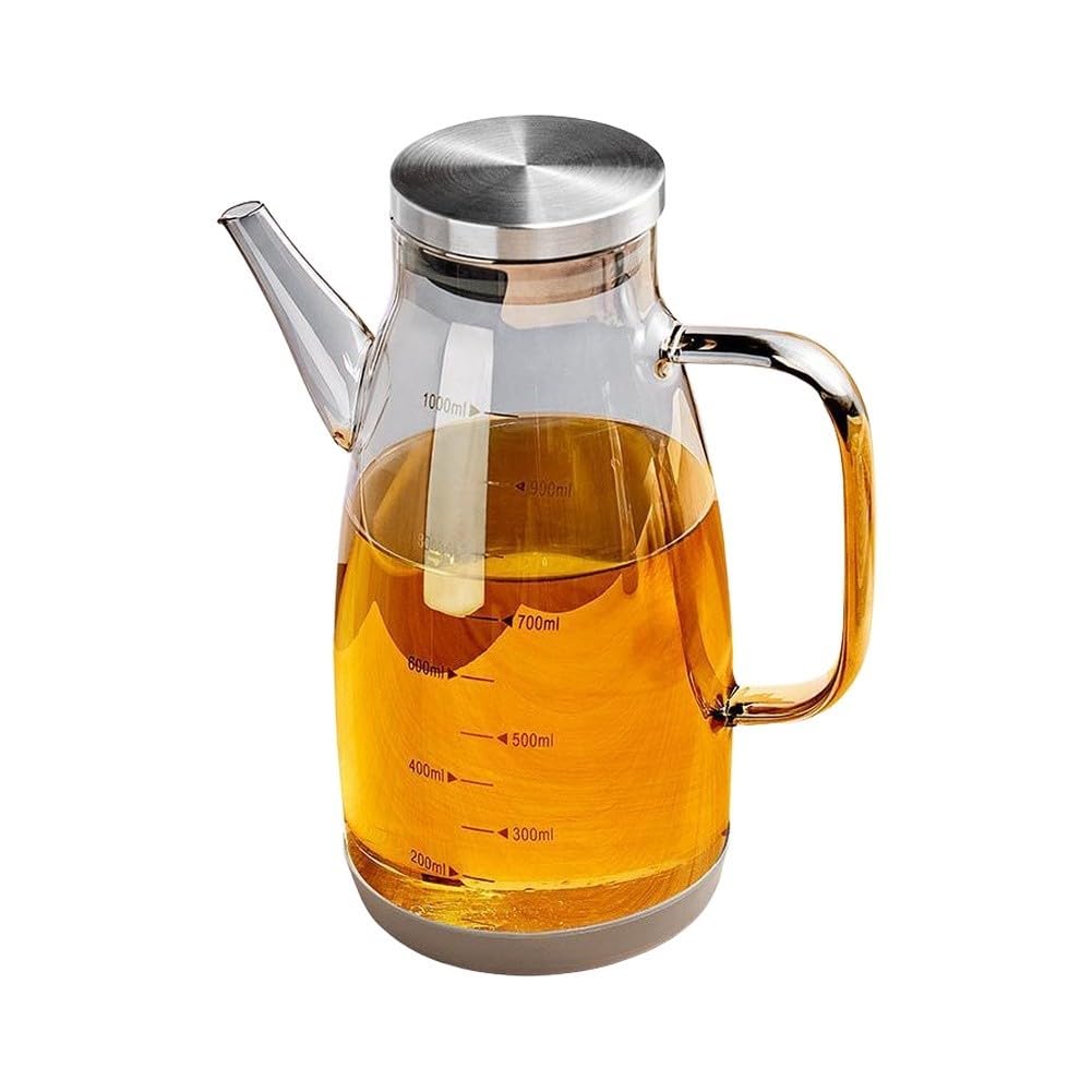 Dispenser per olio in vetro da cucina, 1000 ml / 34oz, con beccuccio salvagoccia e base in silicone, dispenser di aceto a prova di perdite, per olio da cucina e aceto, grigio
