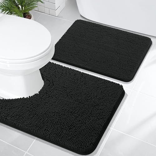 Image of OLANLY Bathroom Rugs Sets 2 Piece, Soft Absorbent Chenille Bath Mats and U-Shaped Contour Toilet Rug, Non-Slip, Machine Washable Bath Carpet, Home Decor Accessories(24 inchx16 inch+24 inchx20 inch, Black)