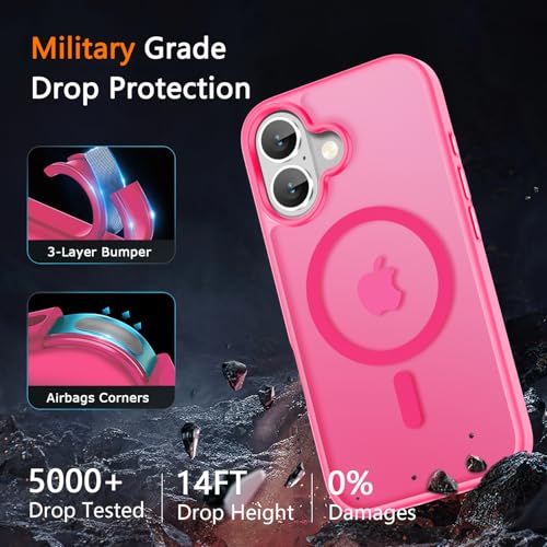 Image of LATVIN for iPhone 16 Plus Case, Magnetic Phone Cover, Compatible with MagSafe, Military Grade Protection, Translucent Matte Frosted Back, Hot Pink