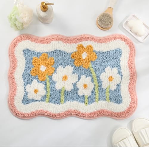 Simplicity Flower Bathroom Mat Non Slip Bath Rug Extra Absorbent and Soft Microfiber Bath Carpet Machine Washable Bath Rug for The Entrance of The Door, Bathroom and Bedroom (24