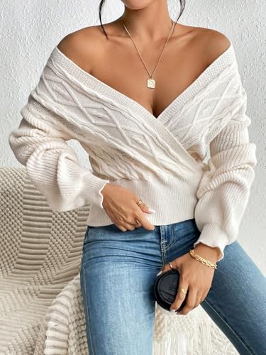 Image of ZAFUL Women's V Neck Cable Knit Sweater | Long Sleeve, Ribbed Crop Tops, Wrap Surplice, Solid Color, Casual Pullover, Jumper