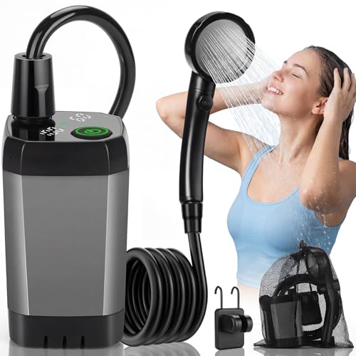 Tonfarb Campingdusche 6000mAh Akku Camping Dusche mit Pumpe Outdoor Dusche Mobile mit Duschkopf und 2M Schlauch Intelligenter Digitalanzeige Fuer Garten Wohnmobil Wohnwagen Reise Hundedusche