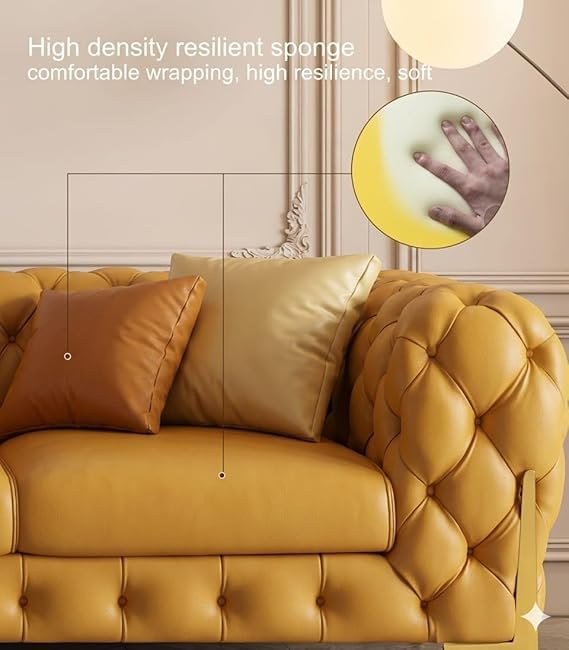 Image of A to Z Furniture Modern Classic Fabric & Valvet Tufted Chesterfield Sofa Living Room and Office (3+1= 4 Seater Sofa Set with Footrest Mustard Yellow)