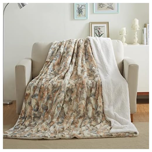 Tache 63 x 90 Super Soft Warm Tan Brown Blue Russian Lynx Faux Fur Fluffy White Sherpa Throw Blanket