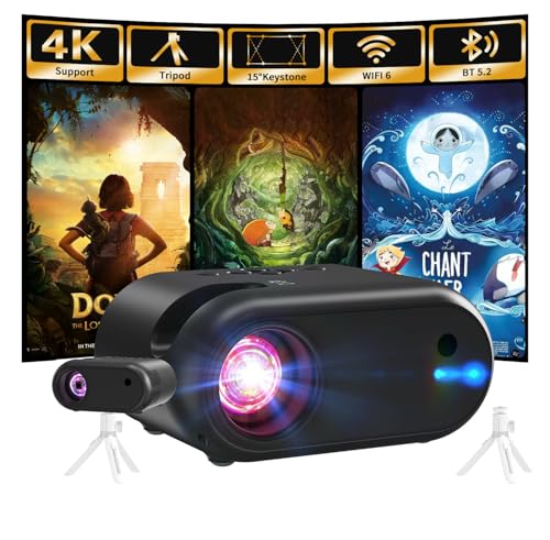 Mini Proyector con Trípode 1080p Soporte WiFi Bluetooth Proyector Portátil, Compatible con Smartphone, HDMI, USB, TV Stick, Hogar Exterior Dormitorio, Negro