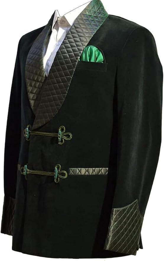 Men’s Green Velvet Smoking Jacket with Quilted Shawl Collar & Frog Closure – Luxury Vintage Lounge Robe3