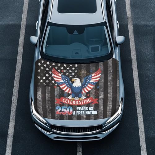 Image of Bald Eagle and American Flag Car Hood Cover Protector Stretchable Car Hood Wrap Blankets Automotive Exterior Accessories for Compact SUV Sedans Trucks Pickup