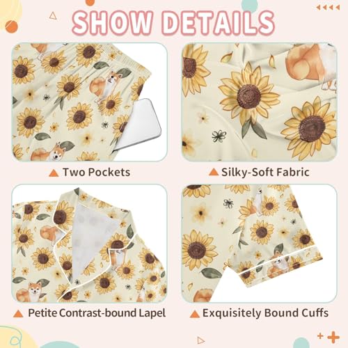 senya Dog with Sunflower Satin Summer Pajama Sets Silk Short Sleeve Button Down Sleepwear3