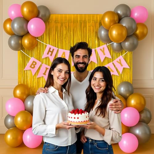 Image of Party Propz Birthday Decoration Kit - 37 Pcs Happy Birthday Decoration Kit for Boys, Girls & Husband, birthday Balloon Decoration Set with Pink, Silver & Golden Balloons