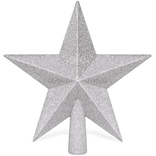 Tree Topper Star, 8" Silver Christmas Tree Topper with Glitter, Xmas Decor