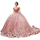 Mouccy Cute Lace Pearly Quinceanera Dresses with Train Beaded Off Shoulder Prom Dresses Dusty Rose Ball Gown Glitter Sweet 15th Birthday Dresses Petite 4