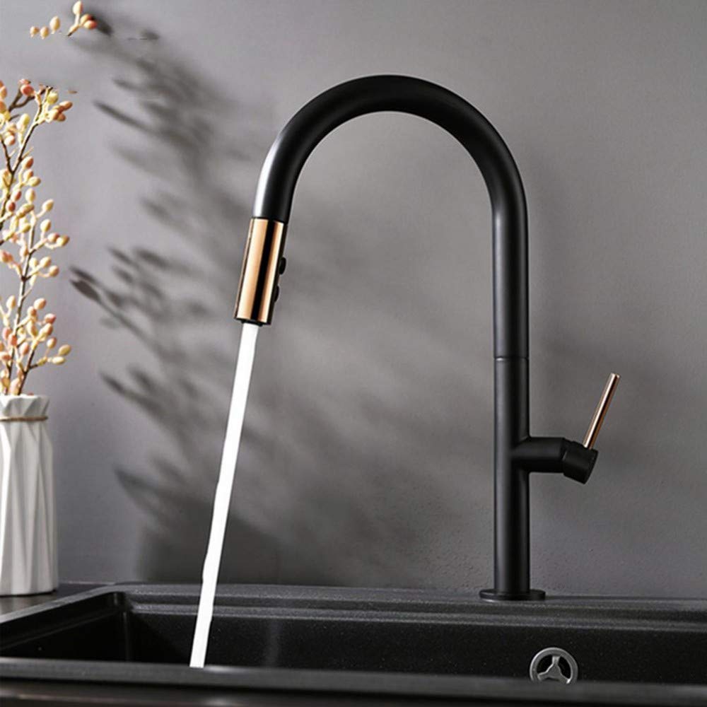 ZYCHSJXA Black/White Pull Out Kitchen Faucet Brass Luxury Mixer Sink Faucets Tap 360 Degree Swivel,Black