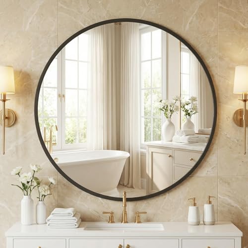 Image of NEWBULIG 28 Inch Round Wall Mirror, Bathroom Mirrors for Over Sink, Matte Metal Framed Circle Vanity Mirror, Wall Decor for Bedroom, Entryway, Anti-Rust, Tempered Glass, Hanging or Leaning,Black
