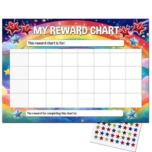 Tabla de recompensas de estrellas para niños tamaño A4 con 80 calcomanías de estrellas, 21 cm x 29,7 cm