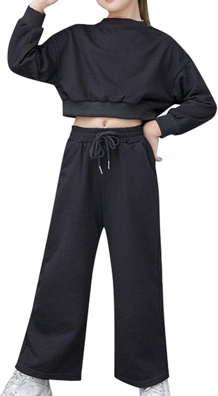 Girls Clothes 2 Pcs Fall Outfits Set Long Sleeve Pullover Hoodie Wide Leg Sweatpants Teen Ribbed Tracksuit