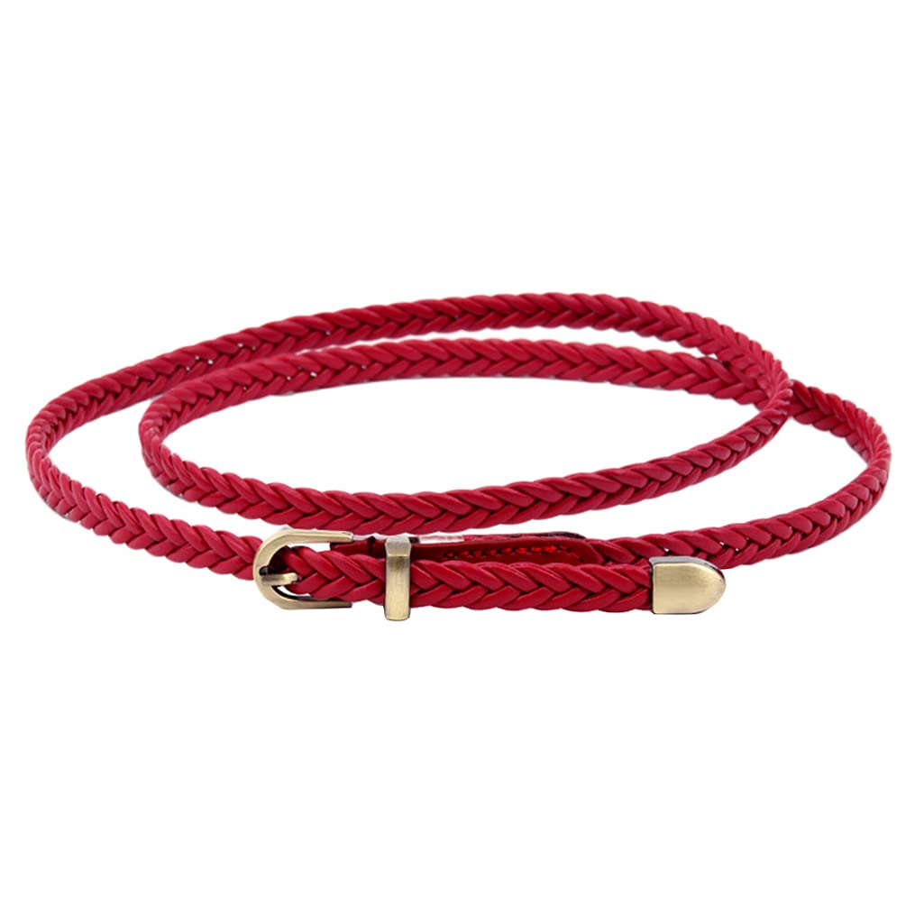 Junhouse Women Braided Waist Belt Skinny Woven Thin Belt Casual Webbed Vintage Leather Belt Waistband for Jeans Dresses (Red)