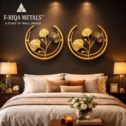 Image of F-RIQA METAL Luxury Golden Flower Metal Wall Art Set of 2 (13.8 x 10.5 Inch) | Elegant Ring Design Wall Decor for Bedroom & Living Room (Classic)